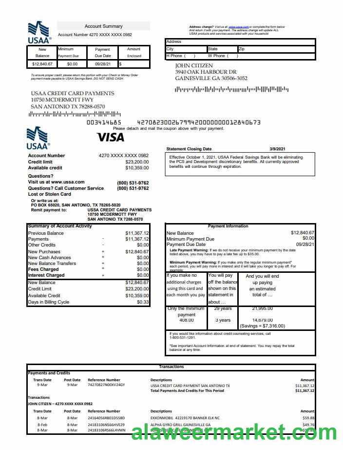 USA USAA bank Credit card excel pdf
